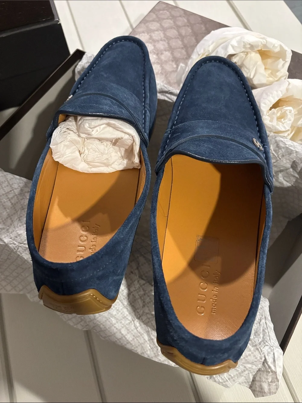 Gucci Navy Suede Slip-On Loafers with Subtle GG Accent